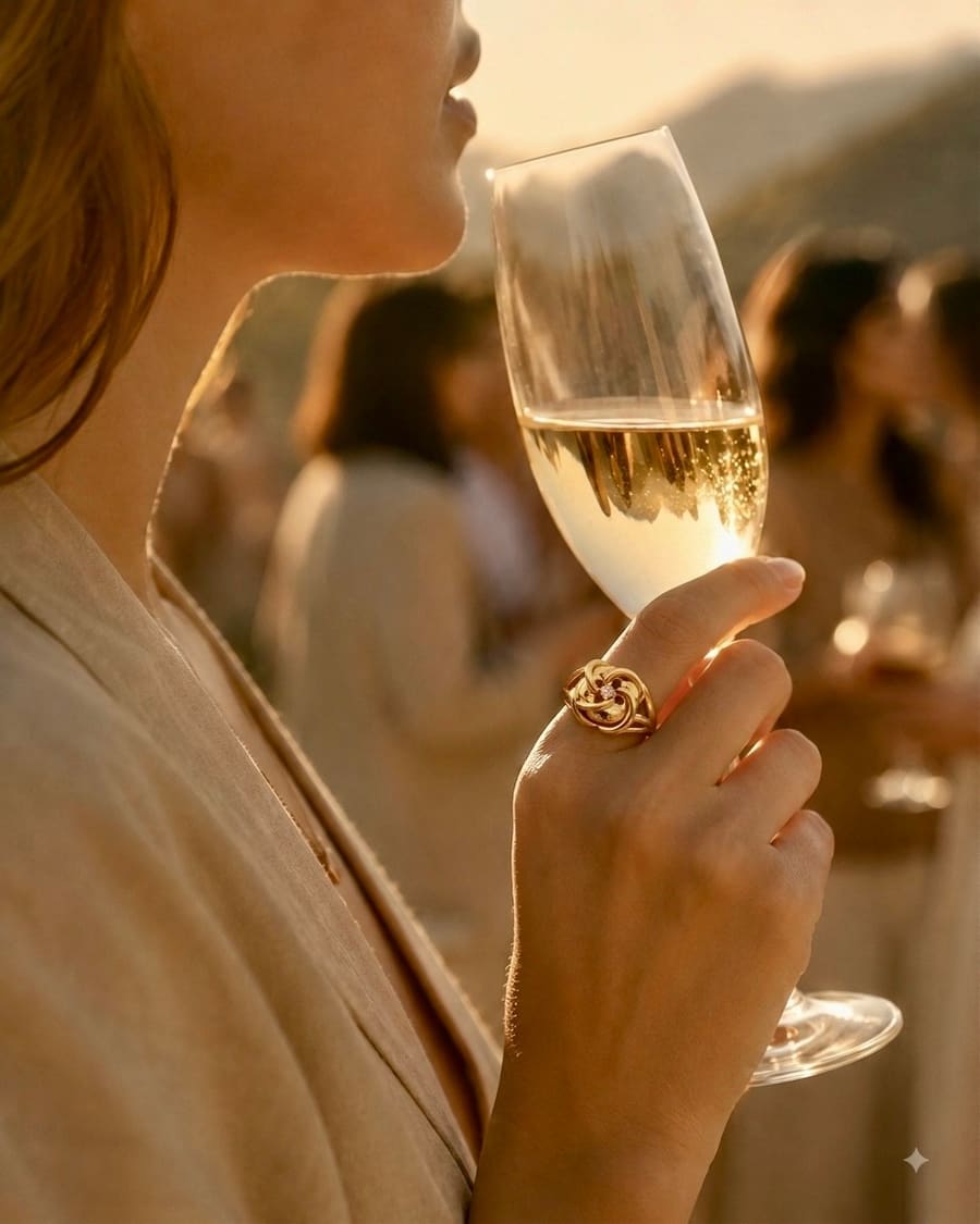 Mujer con el Anillo Peyote de MIJA al atardecer
