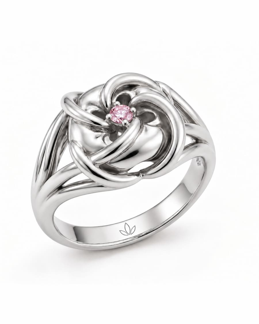 Anillo Peyote de MIJA con baño de rodio blanco y diamante rosa