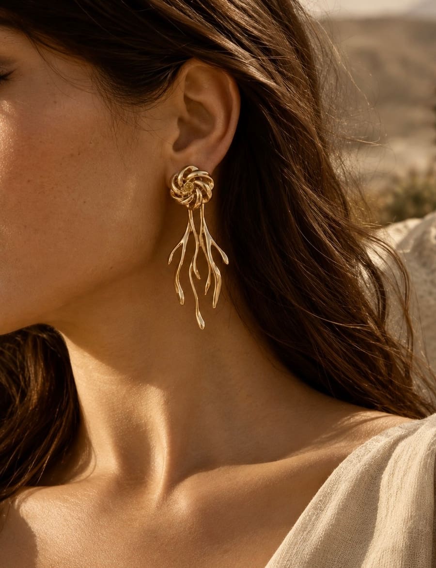 Mujer con los Aretes Biznaga Dorada de MIJA en el desierto