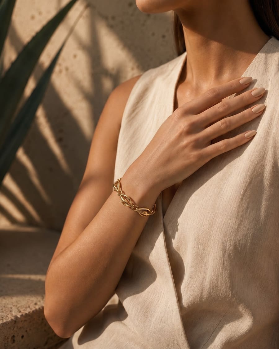 Mujer con la Pulsera Agave Azul de MIJA bajo la luz de la tarde